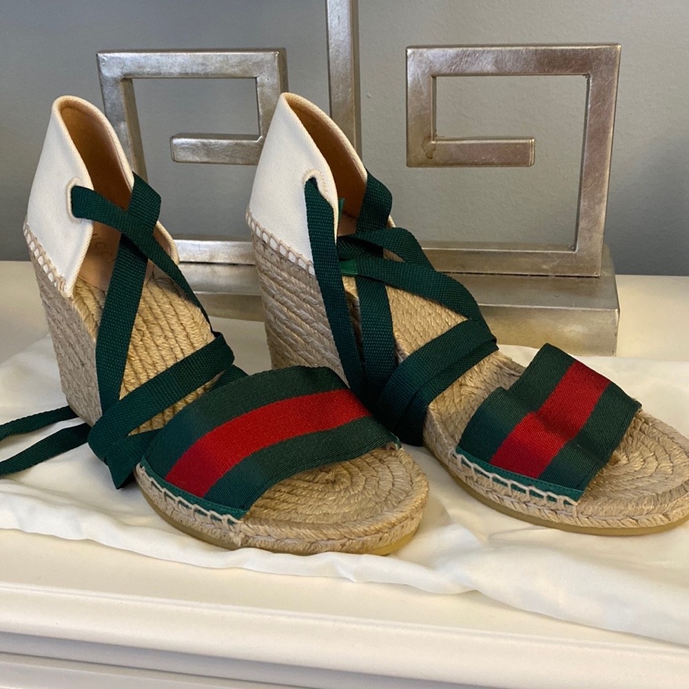Gucci canvas/espadrille wedge sandals